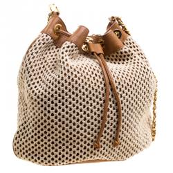 Pre Owned Tory Burch Brown Fabric and Leather Adalyn Bucket Bag