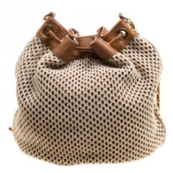 Pre Owned Tory Burch Brown Fabric and Leather Adalyn Bucket Bag