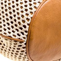 Pre Owned Tory Burch Brown Fabric and Leather Adalyn Bucket Bag