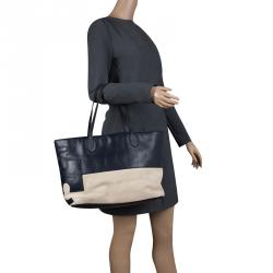 Pre Owned حقيبة يد توري برش كانفاس وجلد بيج/ كحلية