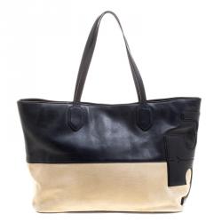 Pre Owned حقيبة يد توري برش كانفاس وجلد بيج/ كحلية