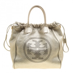 Pre Owned Tory Burch Metallic Silver Leather Perforated Logo Drawstring Tote with Pochette Accessories 
