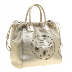 Pre Owned Tory Burch Metallic Silver Leather Perforated Logo Drawstring Tote with Pochette Accessories 