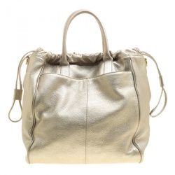 Pre Owned Tory Burch Metallic Silver Leather Perforated Logo Drawstring Tote with Pochette Accessories 