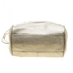 Pre Owned Tory Burch Metallic Silver Leather Perforated Logo Drawstring Tote with Pochette Accessories 