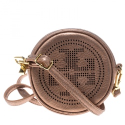 Tory Burch Metallic Beige Leather Logo Round Crossbody Bag 