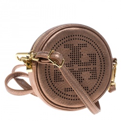 Tory Burch Metallic Beige Leather Logo Round Crossbody Bag 