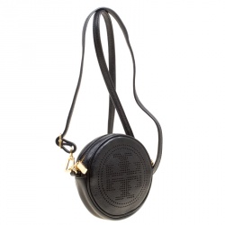Pre Owned Tory Burch Black Leather Perforated Logo Round Crossbody Bag