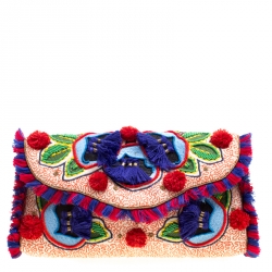 Pre Owned Tory Burch Multicolor Floral Embroidered Flap Clutch