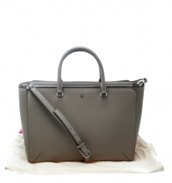 Pre Owned Tory Burch Grey Leather Robinson Zip Top Tote