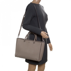 Pre Owned Tory Burch Grey Leather Robinson Zip Top Tote