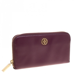 Pre Owned محفظة توري برش سحاب ملتف جلد عنابية