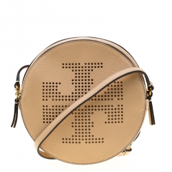 Tory Burch Beige Leather Perforated Logo Round Crossbody Bag | Barnebys