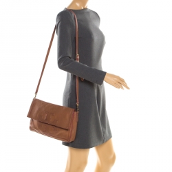 Pre Owned Tory Burch Brown Leather Flap Crossbody Bag