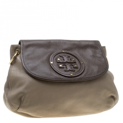 Pre Owned حقيبة كتف توري برش جلد بني/رصاصي