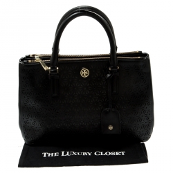 Pre Owned حقيبة يد توري برش روبينسون سحاب مزدوج جلد قصة ليزر زهور سوداء