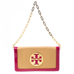 Tory Burch Tan/Pink Raffia and Leather Reva Foldover Clutch Tory Burch | TLC