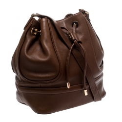 Pre Owned Tory Burch Brown Leather Drawstring Bucket Bag