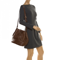 Pre Owned Tory Burch Brown Leather Drawstring Bucket Bag