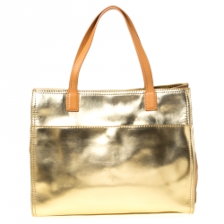 مملوكة مسبقًا Tory Burch Gold Patent Leather and Canvas Shopper Tote