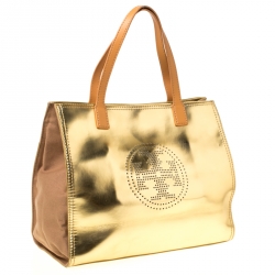 مملوكة مسبقًا Tory Burch Gold Patent Leather and Canvas Shopper Tote