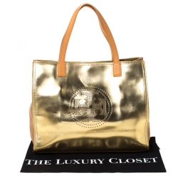 مملوكة مسبقًا Tory Burch Gold Patent Leather and Canvas Shopper Tote