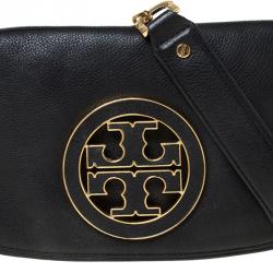 Pre Owned Tory Burch Black Leather Raphael Logo Crossbody Bag