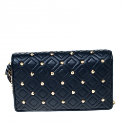 Pre Owned Tory Burch Navy Blue Quilted Leather Fleming Stud Crossbody Bag