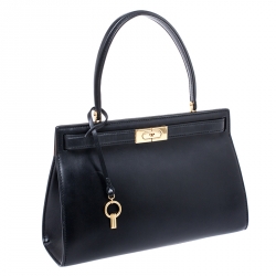 Pre Owned Tory Burch Black Leather Small Lee Radziwill Top Handle Bag