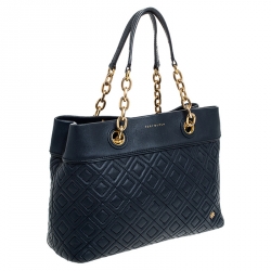 Pre Owned Tory Burch Blue Leather Small Fleming Tote