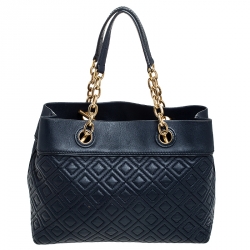 Pre Owned Tory Burch Blue Leather Small Fleming Tote