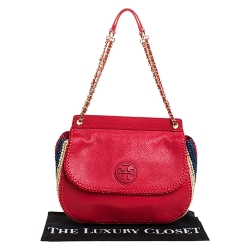 Pre Owned Tory Burch Red Leather and Straw Marion Saddle Bag