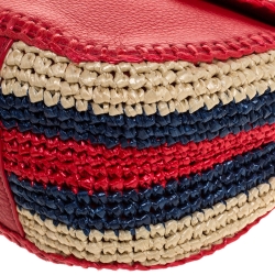 Pre Owned Tory Burch Red Leather and Straw Marion Saddle Bag