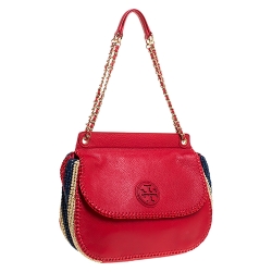 Pre Owned Tory Burch Red Leather and Straw Marion Saddle Bag