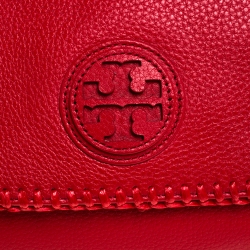 Pre Owned Tory Burch Red Leather and Straw Marion Saddle Bag