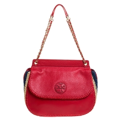 Pre Owned Tory Burch Red Leather and Straw Marion Saddle Bag