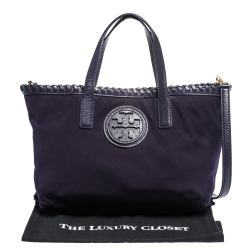 Pre Owned Tory Burch Purple Nylon and Leather Logo Tote
