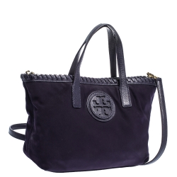 Pre Owned Tory Burch Purple Nylon and Leather Logo Tote