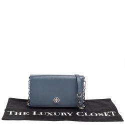 Pre Owned Tory Burch Blue Saffiano Leather Robinson Wallet on Chain