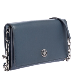 Pre Owned Tory Burch Blue Saffiano Leather Robinson Wallet on Chain