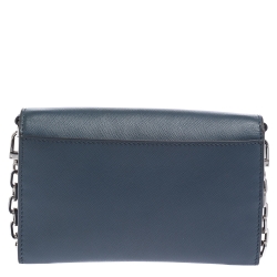 Pre Owned Tory Burch Blue Saffiano Leather Robinson Wallet on Chain