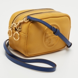 Pre Owned Tory Burch Yellow Logo Embossed Leather Double Zip Camera Crossbody Bag