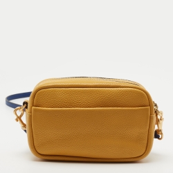 Pre Owned Tory Burch Yellow Logo Embossed Leather Double Zip Camera Crossbody Bag