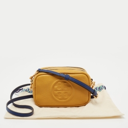 Pre Owned Tory Burch Yellow Logo Embossed Leather Double Zip Camera Crossbody Bag