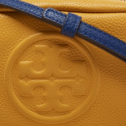 Pre Owned Tory Burch Yellow Logo Embossed Leather Double Zip Camera Crossbody Bag