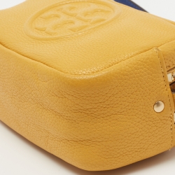 Pre Owned Tory Burch Yellow Logo Embossed Leather Double Zip Camera Crossbody Bag