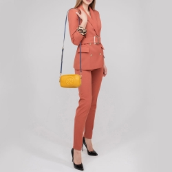 Pre Owned Tory Burch Yellow Logo Embossed Leather Double Zip Camera Crossbody Bag