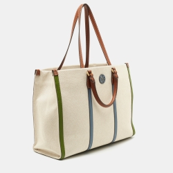 Pre Owned Tory Burch Beige Canvas and Leather Blake Shopper Tote