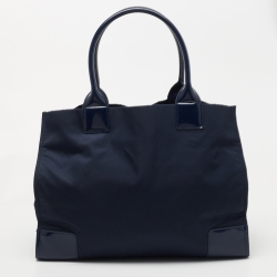 Pre Owned Tory Burch Navy Blue Nylon and Patent Leather Ella Tote