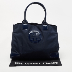 Pre Owned Tory Burch Navy Blue Nylon and Patent Leather Ella Tote